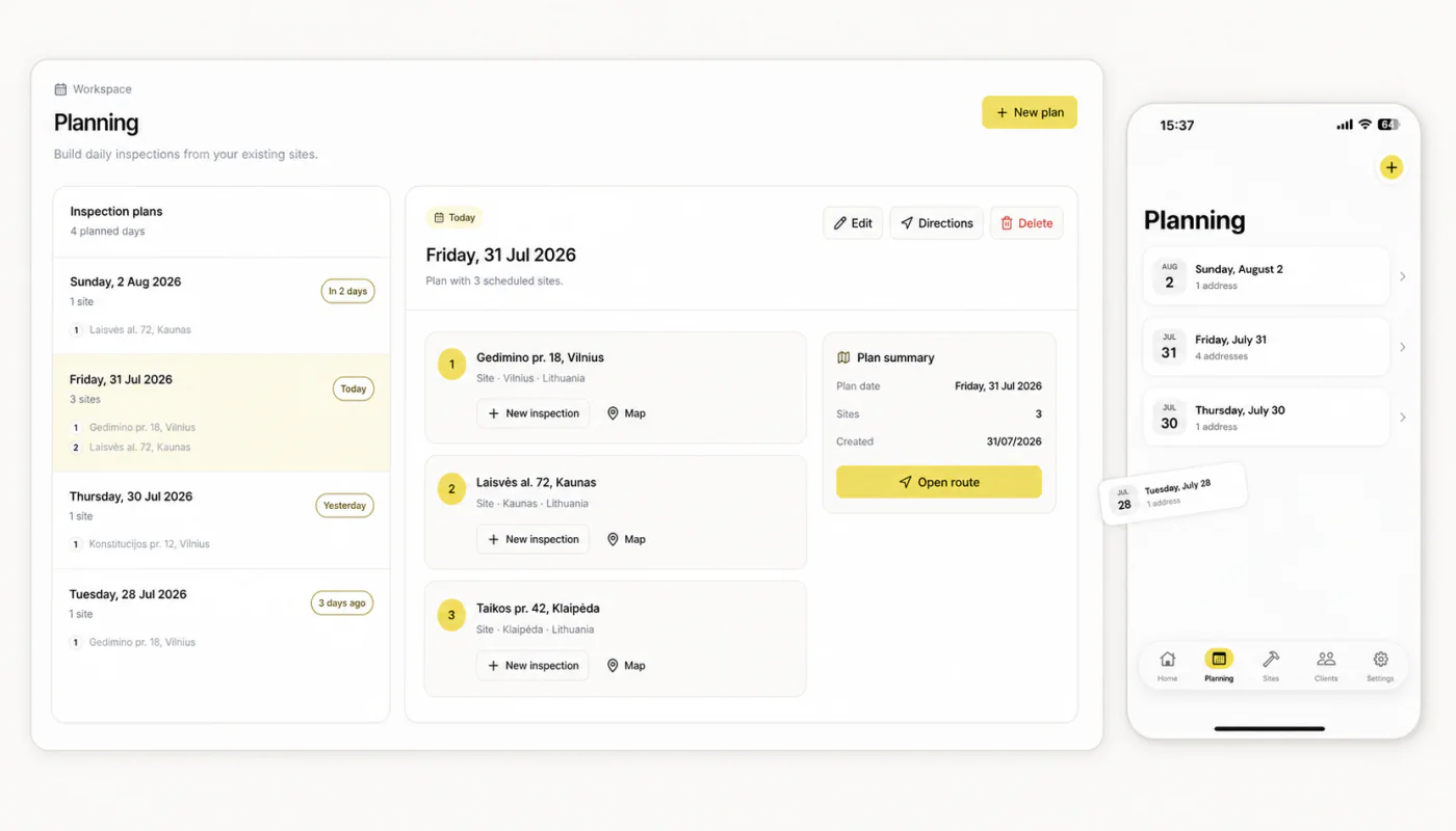 MeetInspect web and iOS planning dashboards for scheduled property inspections